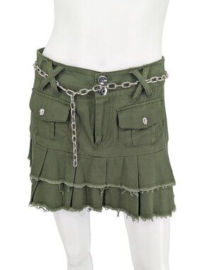 Social Collision Cargo Mini Skirt Tiered Pleated Chain Belt Grunge Frayed Size S